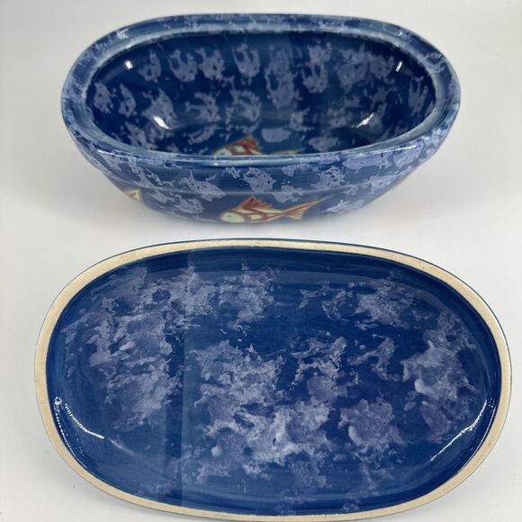 Bowl w/Lid Evandale Porcelain Handpainted Fish Design Blue 9” L x 5.25”W x 5.5”T - Picture 11 of 14